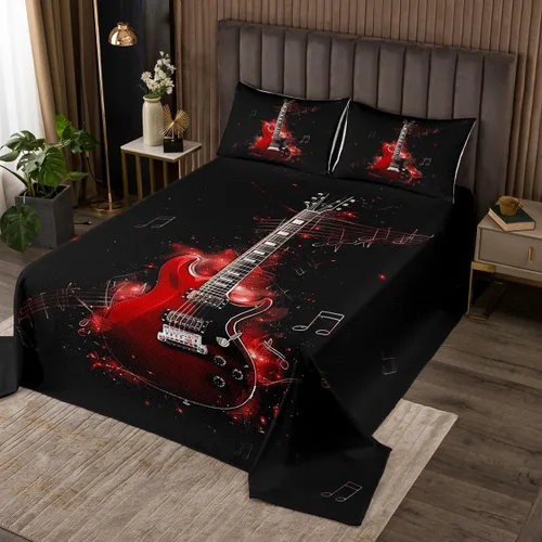 Miniatura 2 de Homewish Colcha de guitarra roja tamaño individual, juego de ropa de cama de música Hip Pop para decoración de habitación de niños y niñas, juego