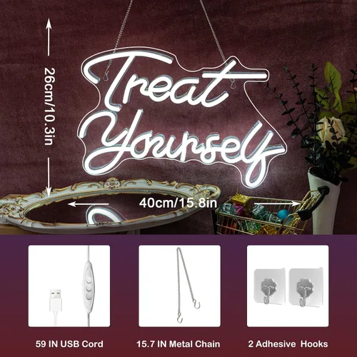 Miniatura 4 de Letreros de neón Treat Yourself LED blanco para pared de dormitorio luces de neón con letras letreros de boda decoración de habitación de neón