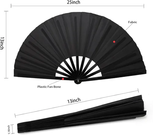 Miniatura 2 de QIRMIZI Abanico plegable grande de 10 piezas para rave de mano, abanicos para Kung Fu, Tai Chi, Danza, Festivales de Música, Carnavales, bodas, Negro