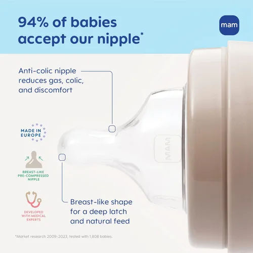 Miniatura 3 de MAM Biberón de cuello ancho anticólicos de vidrio puro Feel Good de 9 onzas, pezón de silicona suave de flujo medio, fácil de limpiar, sin BPA, más
