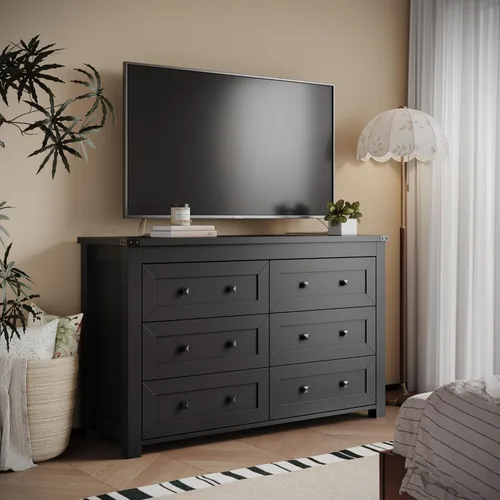 Miniatura 6 de Cómoda para dormitorio con 6 cajones, cómoda de madera de granja, soporte de TV ancho con mango de metal, organizador de ropa moderno para pasillo