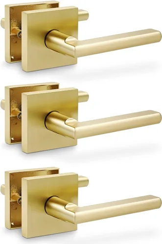 Miniatura 20 de Linkaa Paquete de 2 manijas de puerta de latón dorado para puerta francesa de armario (2 manijas), 1 par, manija de puerta cuadrada de latón