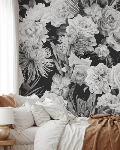 Miniatura 6 de Papel pintado de rosas blancas y negras, papel tapiz de acuarela autoadhesivo extraíble, papel tapiz floral para despegar y pegar