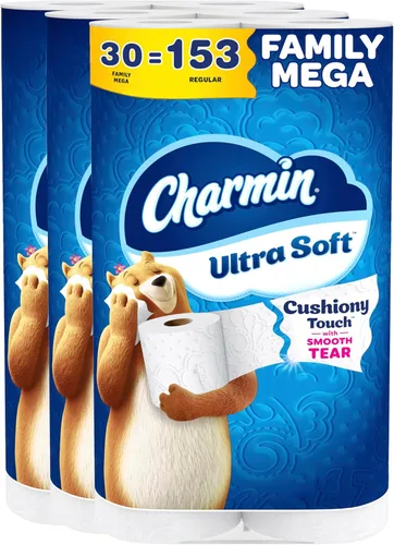 Charmin Papel higiénico ultra suave y acolchado al tacto, 30 familias Mega = 153 rollos regulares, 2 capas, blanco