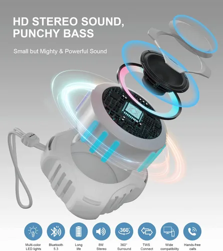 Miniatura 2 de comiso Altavoz Bluetooth de ducha, IPX7 impermeable con múltiples luces, flotante, altavoces inalámbricos con graves fuertes y sonido HD fuerte