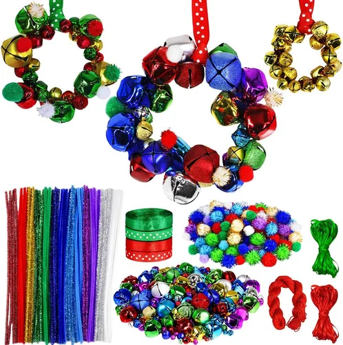 Winlyn Juego de 475 coronas de cascabel de Navidad, adornos para árbol de Navidad, kit de manualidades, tallos de felpilla metálica, pompones con