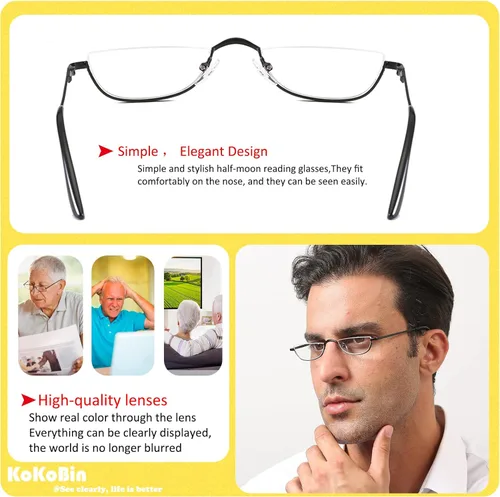 Miniatura 5 de Gafas de Lectura de Media Montura - 4 Pares de Gafas con Marco de Metal de Media Montura con Bisagra de Resorte Lectores para Hombres y Mujeres