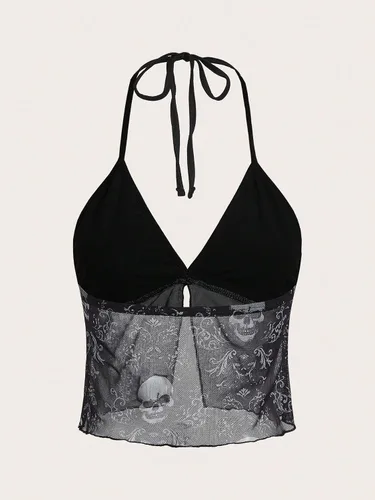 Miniatura 5 de Cozyease Camiseta sin mangas Y2K de malla con cuello halter y dobladillo dividido para mujer
