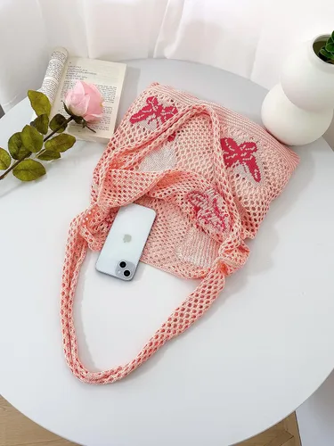 ENBEI Bolsas bohemias, bolsa de punto de hombro, bolsa de mano Y2K estética, bolso de ganchillo lindo para mujeres, regalos hippie Rosa con seis
