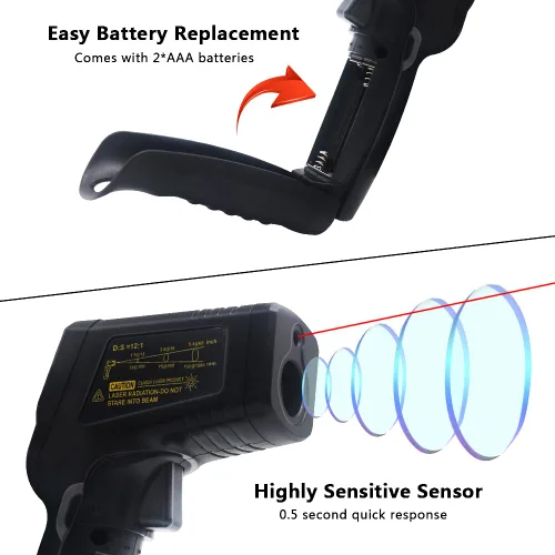 Miniatura 4 de KETOTEK Termómetro infrarrojo sin contacto IR pistola de temperatura láser digital -50℃～600℃ (-58℉～1112℉) Termómetro de emisividad ajustable