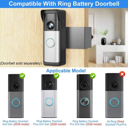 Miniatura 2 de Soporte antirrobo para timbre compatible con Ring 2026 Battery Doorbell/Plus/Pro, sin taladro, soporte inalámbrico para cámara de video con cubierta