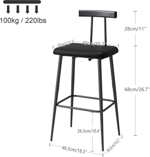 Miniatura 2 de Juego de 2 taburetes de bar, taburetes altos con respaldo y reposapiés, taburetes de bar a altura de mostrador, taburetes de bar industriales