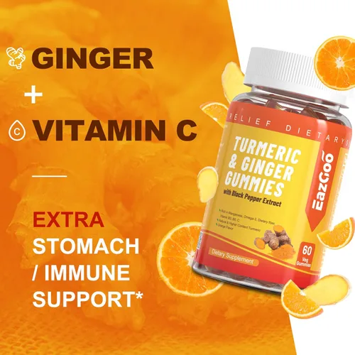 Miniatura 5 de Gomitas de curcumina de cúrcuma de 500 mg para adultos, con pimienta negra, raíz de jengibre, vitamina C, gomitas de frutas bajas en azúcar, sabor a