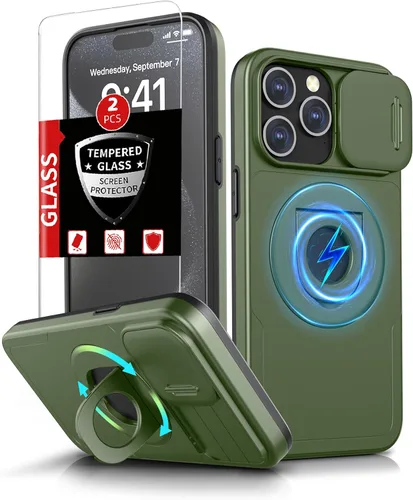 Miniatura 30 de Funda magnética para iPhone 11 Pro compatible con carga inalámbrica MagSafe, con 2 protectores de pantalla, anillo kickstand de 360° integrado +