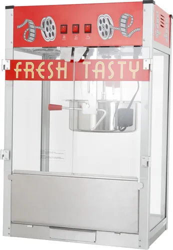 Miniatura 10 de Máquina comercial de palomitas de maíz con carrito y ruedas, máquina para hacer palomitas de maíz con hervidor de acero inoxidable de 24 onzas, Rojo
