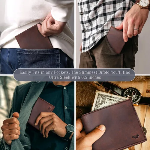 Miniatura 5 de LUXEORIA Billetera de cuero genuino de grano completo para hombre, cartera de viaje hecha a mano, billetera minimalista y plegable para hombre