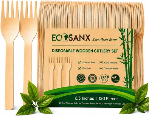 ECOSANX® 120 piezas de tenedores de madera para comer de 16.5 cm libres de astillas, compostables, juego de cubiertos de madera ecológico para