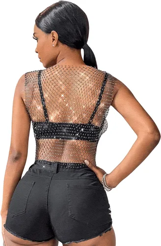 Miniatura 2 de SweatyRocks Camiseta sin mangas sexy de malla con diamantes de imitación para mujer