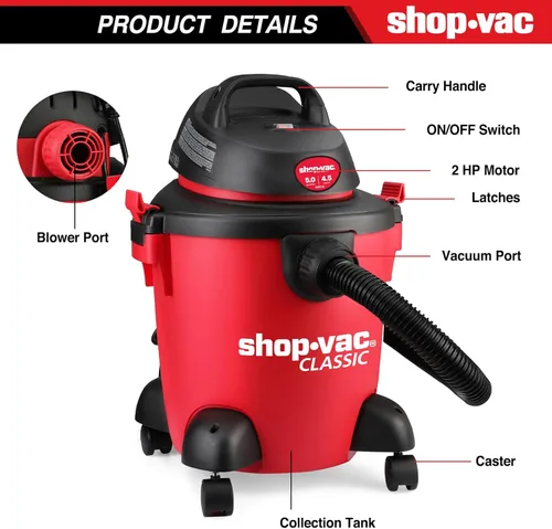 Miniatura 5 de Shop-Vac Aspiradora Húmeda y Seca de 5 Galones, 4.5 HP Pico, Portátil, Resistente, Aspiradora de Taller Función 3 en 1 con Accesorios para Casa