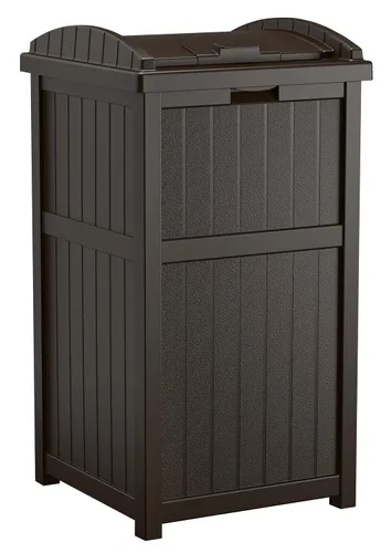 Suncast - Cubo de basura de resina para exteriores de 33 galones con tapa, para usar en el patio, la terraza o el jardín, color marrón