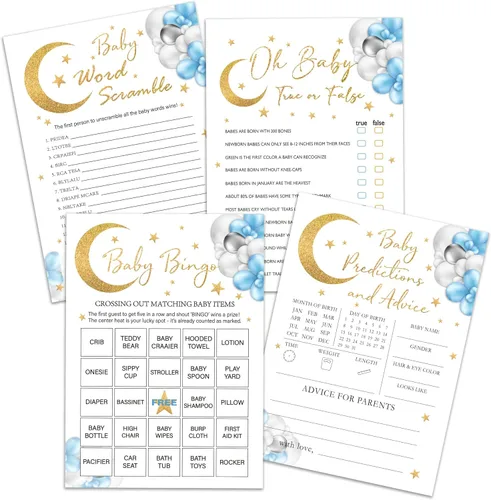Moon Stars - Juego de juegos para baby shower, 4 juegos incluye Word Scramble, Oh Baby, predicciones y consejos, bingo, 50 tarjetas de doble cara y