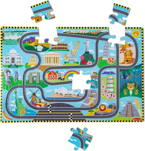 Miniatura 4 de Melissa & Doug Race Around The World Tracks - Rompecabezas de suelo de cartón y vehículos de cuerda (48 piezas) para preescolares y niños de 4+ años