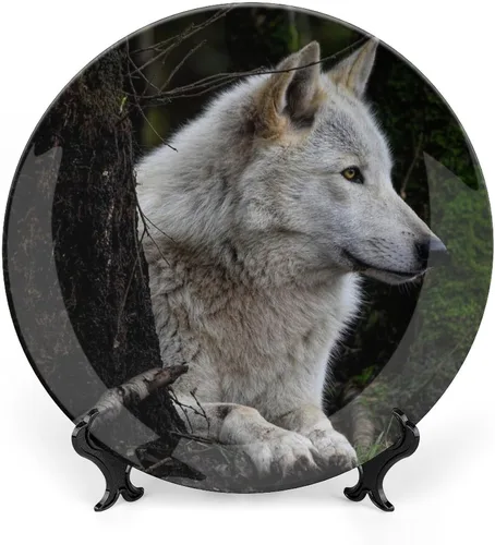Placa decorativa de lobo gris, placa decorativa de cerámica para pared, plato decorativo con soporte, placa redonda de exhibición para decoración