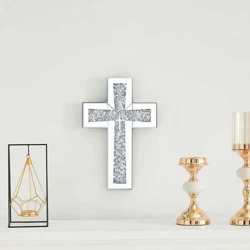 Miniatura 4 de Aeveco Cruz de Pared para Decoración, Cruz Espejo Plateada para Sala de Estar, Cruces de Espejo con Diamantes de Cristal Triturados, Arte Religioso