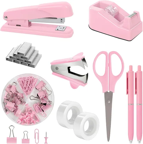 Miniatura 13 de SKYDUE Juego de suministros de oficina negros, accesorios de escritorio negros, grapadora, dispensador de cinta, tijeras, carpeta/clips de papel