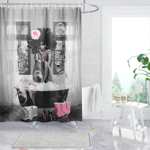 Miniatura 3 de Cortina de ducha de mujer afroamericana, cortina de ducha de tela de poliéster impermeable para baño, cortina de baño gris, lavable a máquina