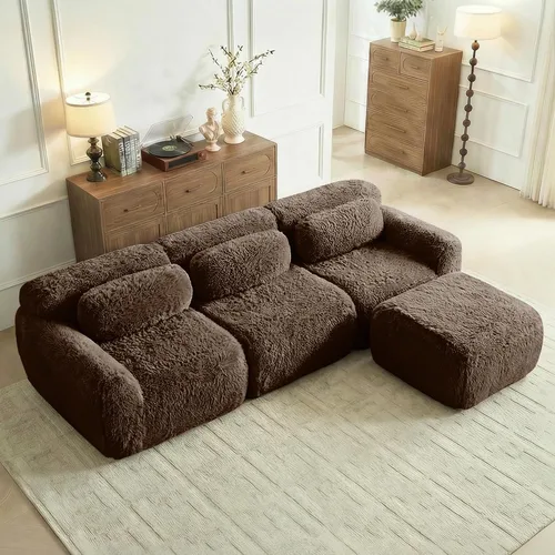 Miniatura 18 de Sofás de nube sin hueso de 80.4 pulgadas, tela de felpa suave y esponjosa, sofá cama modular con 2 otomanas, sofás de dos plazas de chocolate,