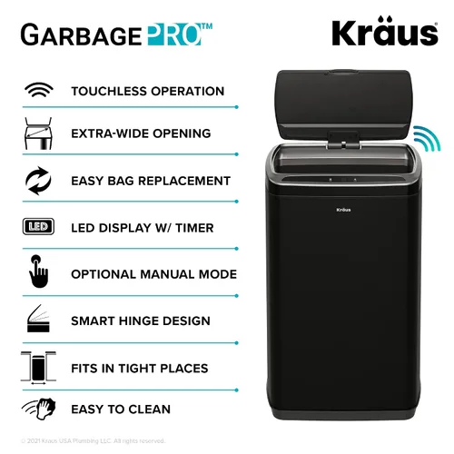 Miniatura 15 de Kraus GarbagePro Bote de basura rectangular de 13 galones manos libres con sensor de movimiento operado por batería en acabado negro mate con tapa