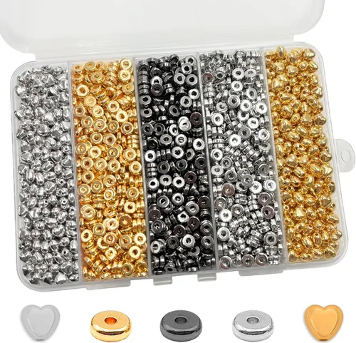 Miniatura 9 de Cuentas espaciadoras planas redondas de 6mm, 1560 piezas (360 flores), Oro, Plata, Negro, en forma de flor, Plástico (recubierto de cobre)