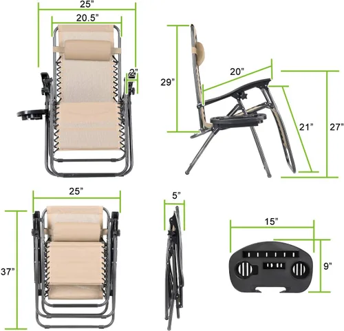 Miniatura 2 de Juego de 4 sillas reclinables de gravedad cero de malla de acero para acampar al aire libre con reposapiés, ajustable, almohada, bandeja, beige