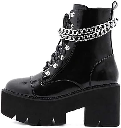 Miniatura 7 de Starella Botines góticos de plataforma para mujer, tacón de bloque, con cordones, botines de motocicleta de combate con cadena