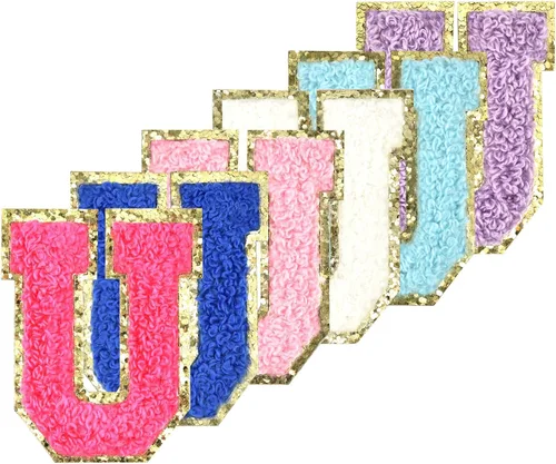 Miniatura 27 de 6 piezas de parches de letras de chenilla autoadhesivas con purpurina para planchar, parches de letras universitarias estilo preppy, letras difusas