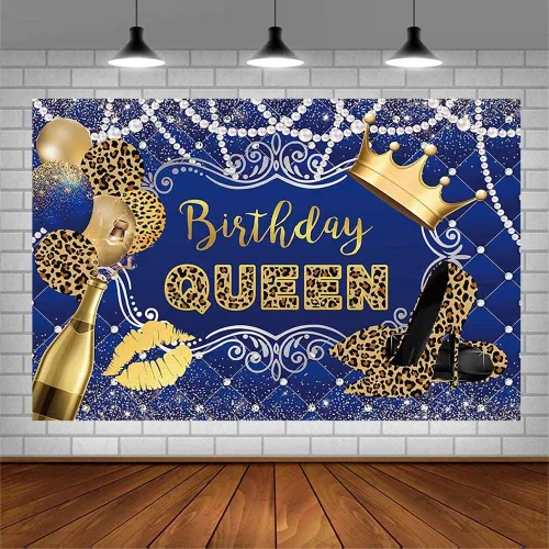 Miniatura 3 de AIBIIN Telón de fondo de cumpleaños de 7 x 5 pies para mujer, niña, leopardo, azul rey y oro, corona de globos, champán, fondo de fotografía