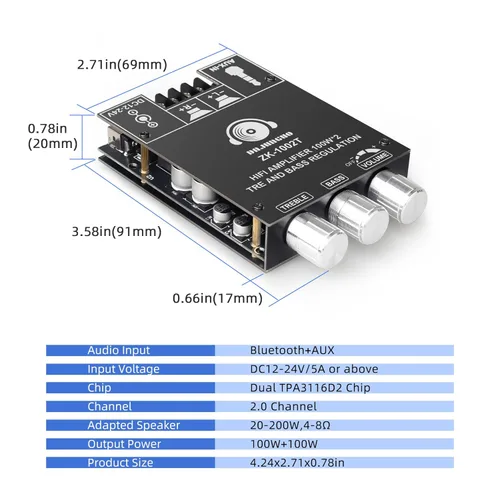 Miniatura 6 de DAJUNGUO ZK-1002T 100W+100W Bluetooth Amplificador Junta con antena IPEX-1, entrada de 9-24V CC, 2.0 estéreo, nombre Bluetooth personalizable, chip