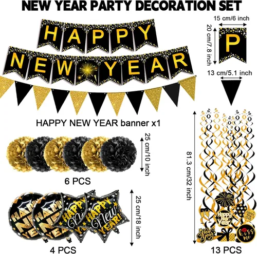 Miniatura 2 de Famoby Cartel de papel con texto en inglés «Happy New Year» con forma de triángulo, pompones y espirales para decoración de fiesta de Año Nuevo