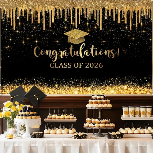 Miniatura 3 de Mocsicka Fondo de graduación de 7 x 5 pies 2026, decoraciones de graduación negro y dorado, pancarta de felicitaciones de graduación 2026, fondo