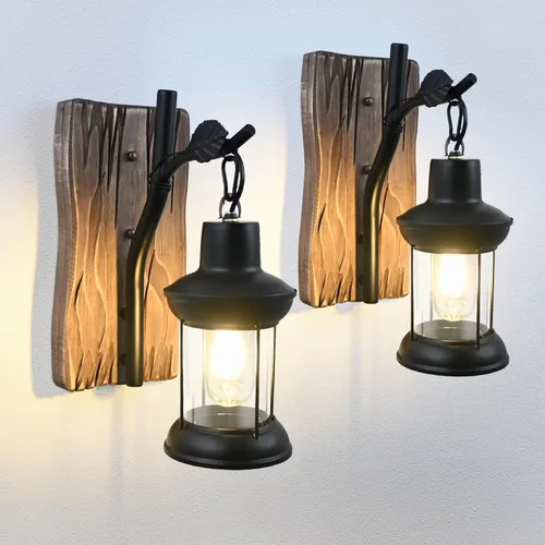 Lámparas de pared rústicas, apliques de pared vintage, juego de 2 lámparas de pared de madera antigua estilo granja con vidrio transparente, Negro-b