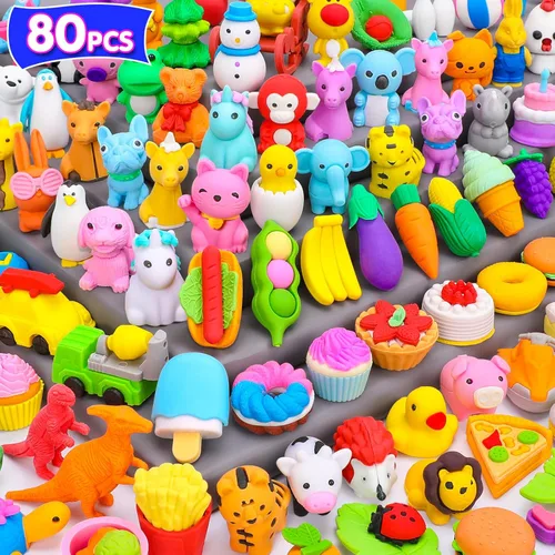 80 piezas de mini borradores de animales para niños, juguetes pequeños a granel, mascotas de escritorio 3D lindas, juguetes de caja del tesoro,