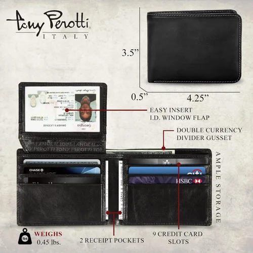Miniatura 2 de Tony Perotti Men's Italian Leather Bifold Wallet With ID Window Flap, Card Holders, Pockets - Eco-Friendly Vegetable-Tanned