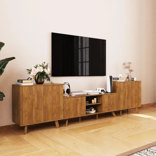 Miniatura 8 de Armario de almacenamiento estriado, aparador de buffet moderno con estantes ajustables, aparador independiente con puertas dobles, armario Nogal