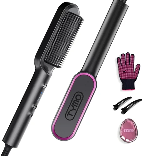 Cepillo Alisador de Pelo, cepillo alisador de pelo con anillo TYMO, peine alisador de pelo para mujeres con 5 temperaturas 20s de calentamiento Negro