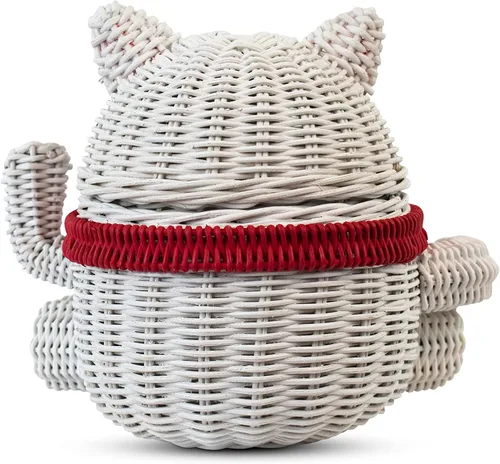 Miniatura 4 de G6 Collection Cesta de almacenamiento de ratán con tapa decorativa para decoración del hogar, organizador de estantes tejido a mano, hecho a mano