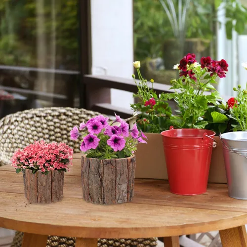 Miniatura 5 de YARNOW Juego de 6 macetas de corteza de madera rústica para decoración de jardín interior y exterior, textura natural, jarrones decorativos