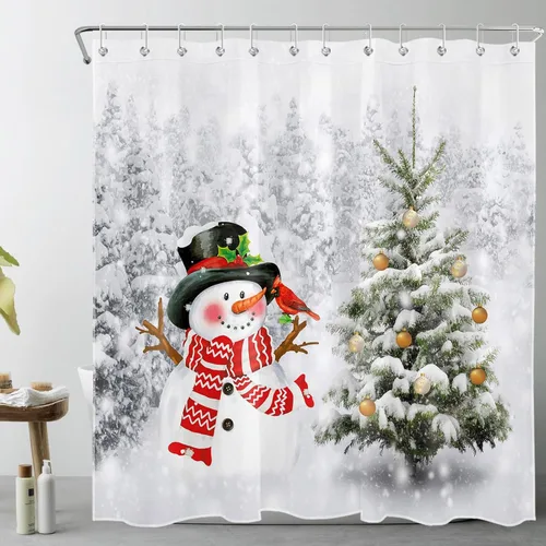 Miniatura 9 de Christmas Snowman Shower Curtain for Bathroom Cardinals and Xmas Tree with Xmas Ball on Snowfield Bathroom Shower Curtains with Hooks, Winter Forest