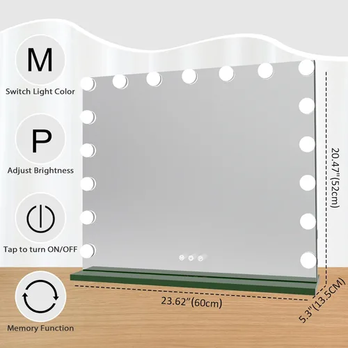 Miniatura 2 de HOMPEN Hollywood Vanity Mirror Makeup Mirror with Lights, Touch Screen, 3 Color Modes Frameless Tabletop Mirror with 17 Dimmable Bulbs, Green