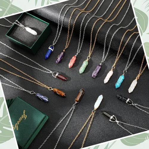 Miniatura 4 de Sureio 16 collares de piedra de cristal curativo, collar con colgante de piedras preciosas hexagonales, collar de cristal envolvente de alambre